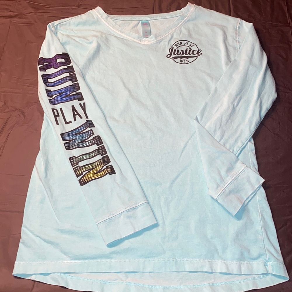 Justice kids size 14 long sleeve running v-neck t-shirt
